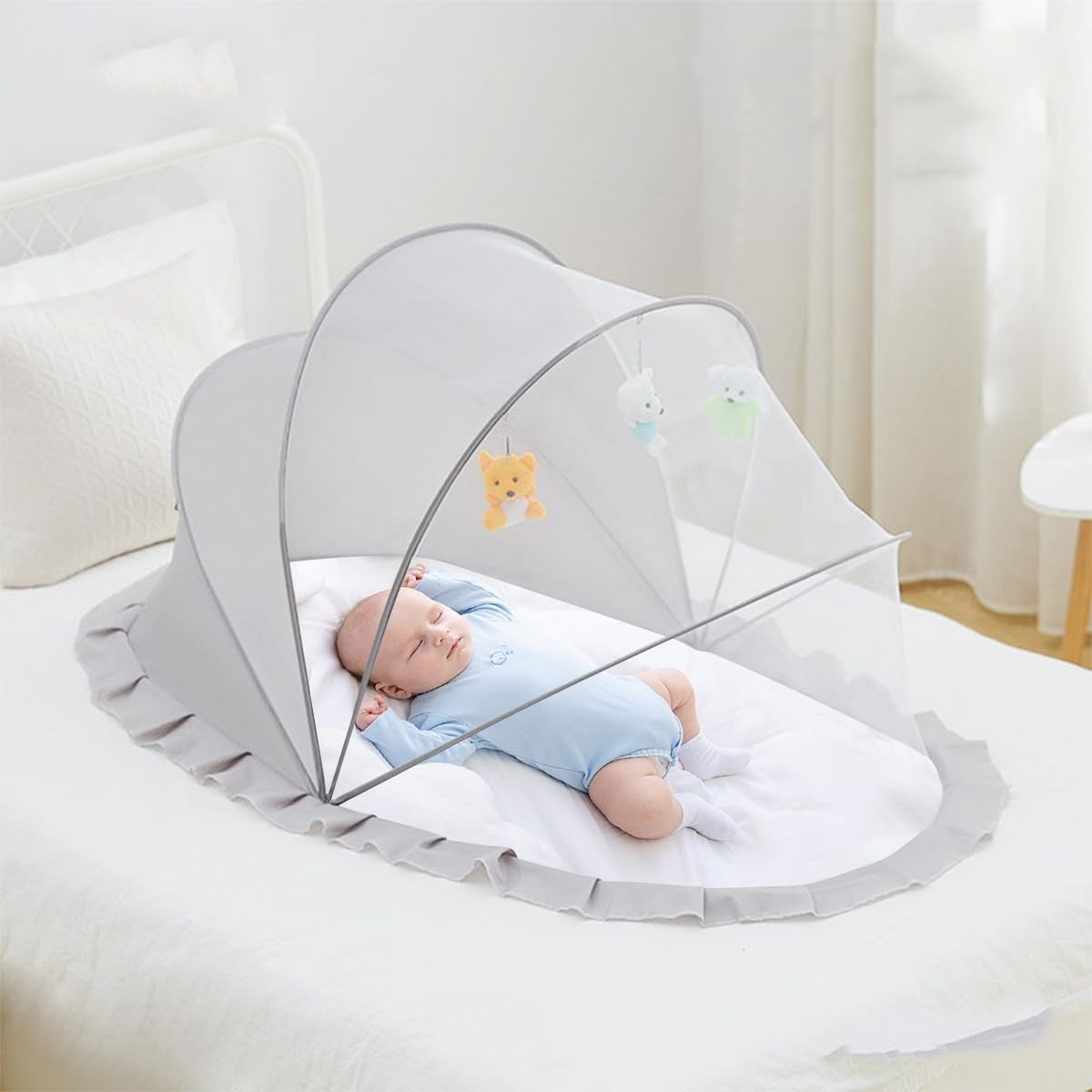 Husa Anti-Tantari pentru Bebelusi, Protectie 360 Grade, Pliabila si Portabila, Fibra Polycool cu Suport Otel, 0-1 An, 60 x 55 x 5 cm, Gri