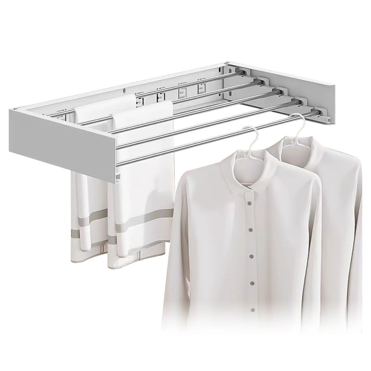 Suport Haine și Uscător Rufe de Perete, Design Pliabil la 90 Grade, Montare prin Perforare, Aluminiu Impermeabil, 80 cm, Alb