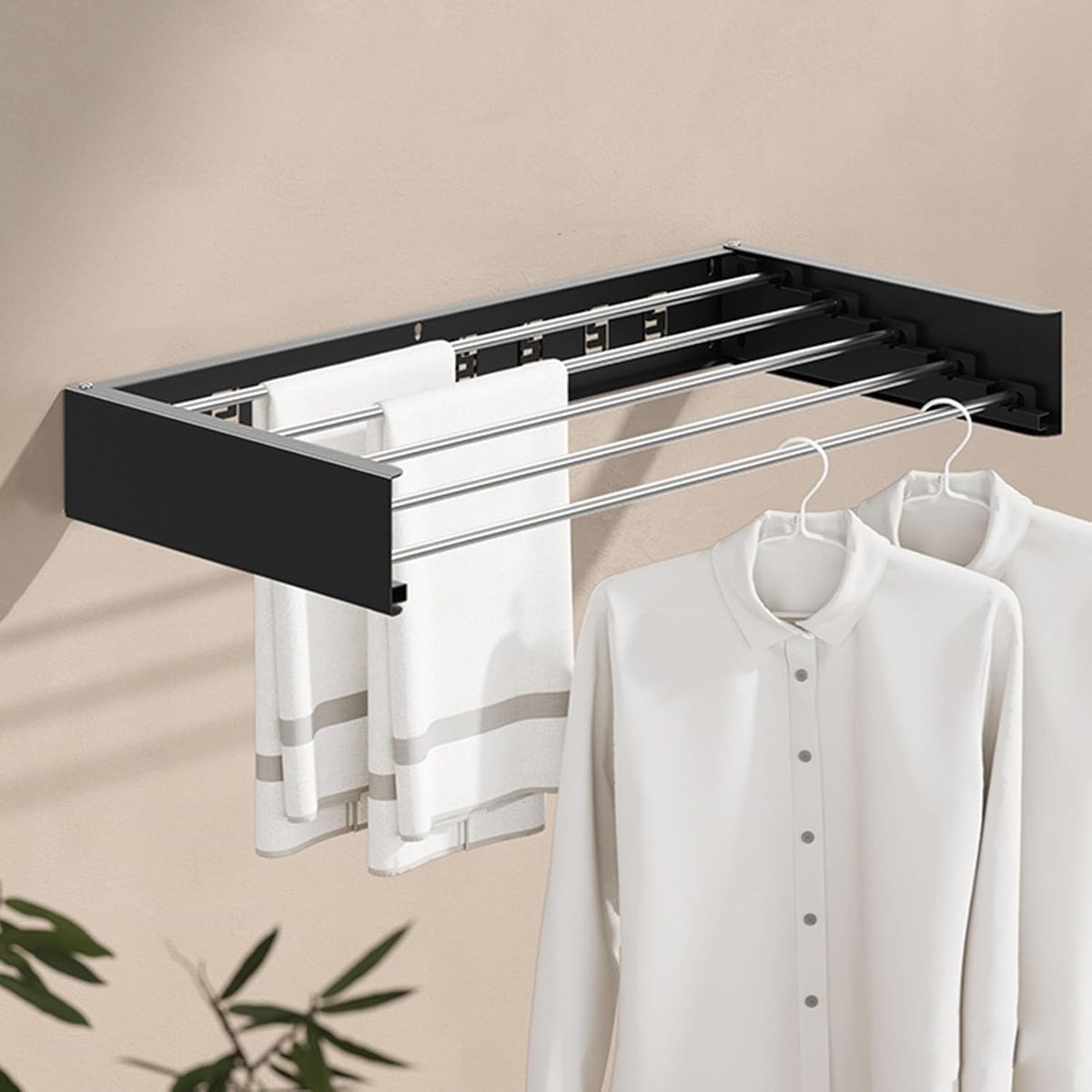 Suport Haine și Uscător Rufe de Perete, Design Pliabil la 90 Grade, Aluminiu Impermeabil, Montare cu Perforare, 80 cm, Negru