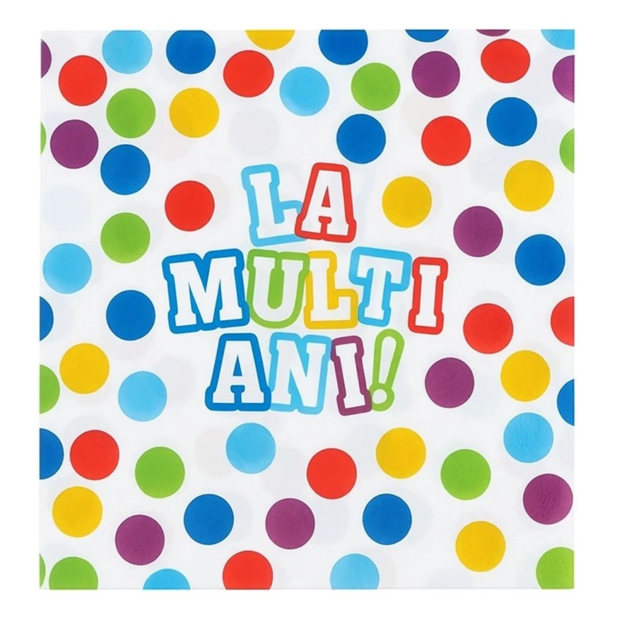 Șervețele de Masă Aniversare, Model cu Buline, Colecția La Mulți Ani, Hartie, 33 x 33 cm, Multicolor, Set 20 Bucăți