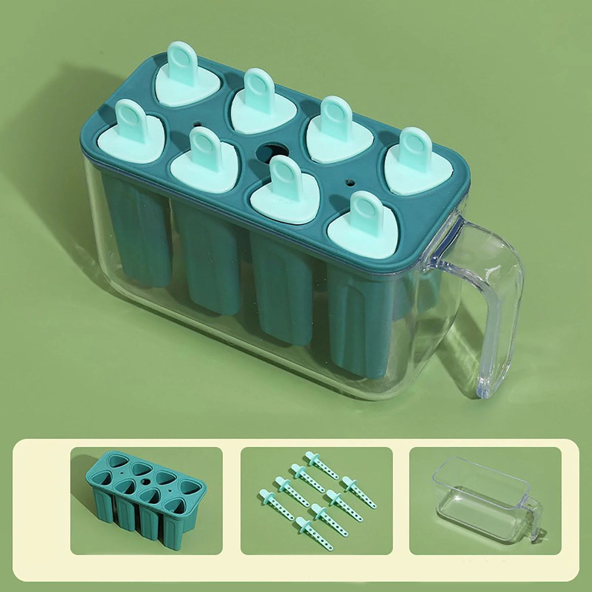 Set Forme Pentru Inghetata Si Sucuri Ghetate, 8 Matrite Reutilizabile Cu Bat, Plastic Dur Alimentar, 13 x 10 x 6.5 cm, Albastru