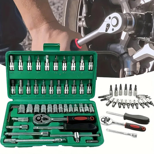 Trusa Scule si Chei Tubulare cu Clichet 1/4 Inch, Set 46 Piese pentru Reparatii Auto, Crom Vanadiu, Prelungitor Flexibil si Articulatie Cardanica, 23 x 12 x 4 cm, Verde
