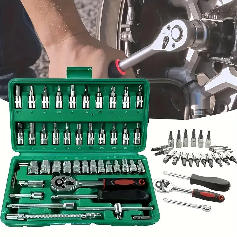 Trusa Scule si Chei Tubulare cu Clichet 1/4 Inch, Set 46 Piese pentru Reparatii Auto, Crom Vanadiu, Prelungitor Flexibil si Articulatie Cardanica, 23 x 12 x 4 cm, Verde