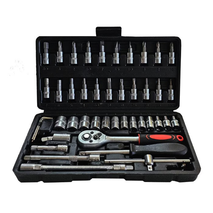 Trusa Scule de Reparatii Auto cu Chei Tubulare si Clichet, Set 46 Piese cu Prelungitoare si Adaptoare, Otel, 1/4 Inch, Cutie Depozitare Neagra