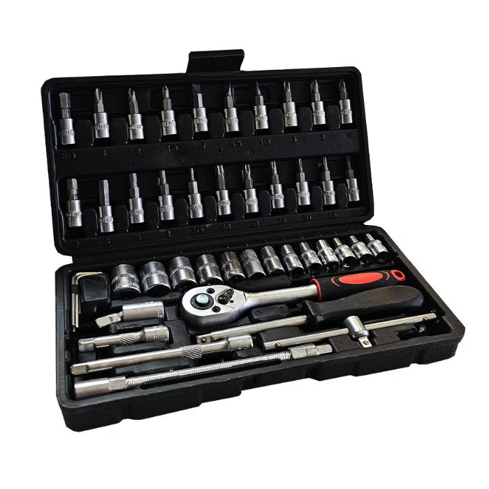 Trusa Scule de Reparatii Auto cu Chei Tubulare si Clichet, Set 46 Piese cu Prelungitoare si Adaptoare, Otel, 1/4 Inch, Cutie Depozitare Neagra