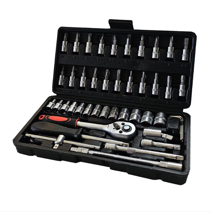 Trusa Scule de Reparatii Auto cu Chei Tubulare si Clichet, Set 46 Piese cu Prelungitoare si Adaptoare, Otel, 1/4 Inch, Cutie Depozitare Neagra
