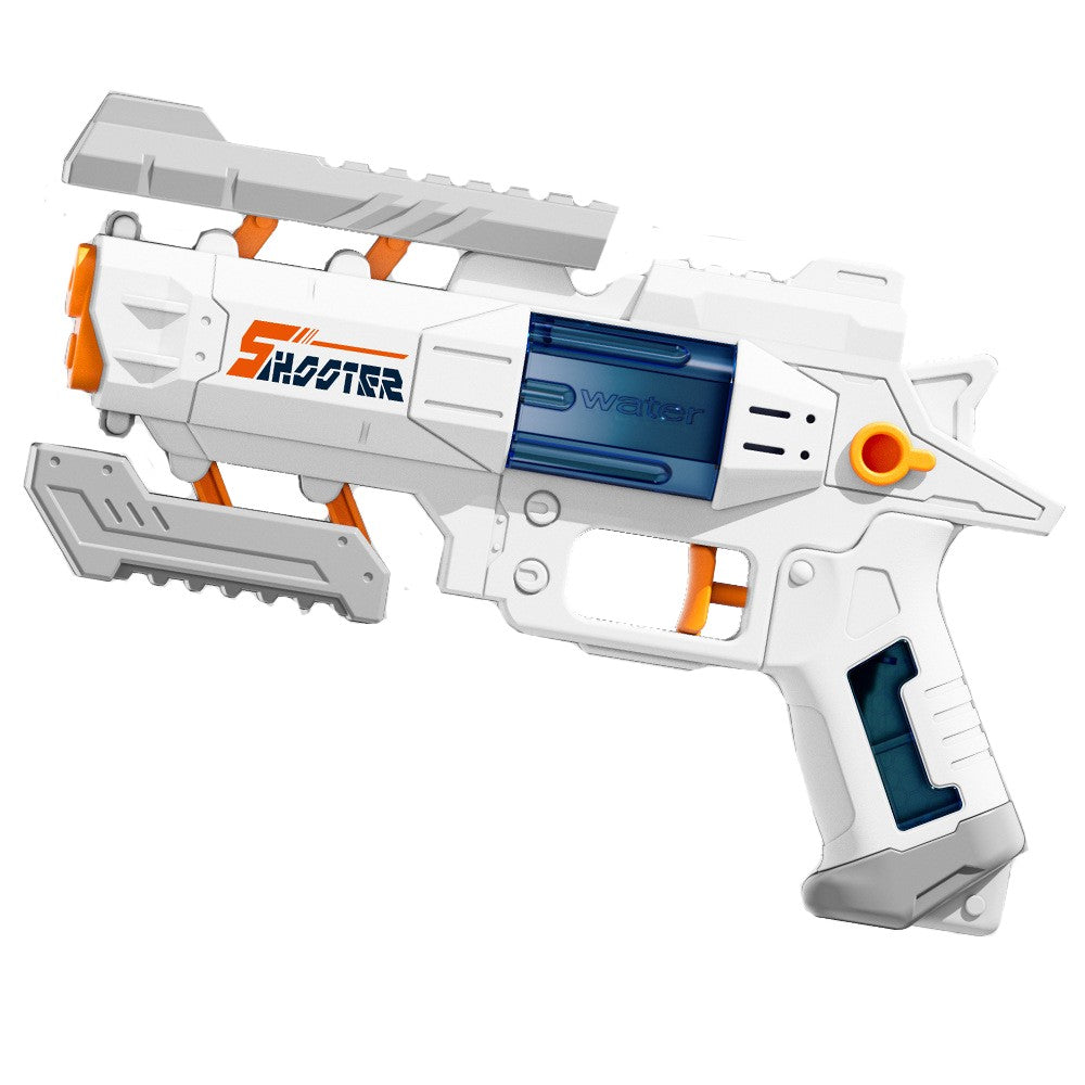 Pistol cu Apa S-Shooter, Jucarie de Exterior si Interior, Mecanism Manual, Plastic Rezistent si Spuma Moale, 23 x 14.5 cm, Alb-Albastru