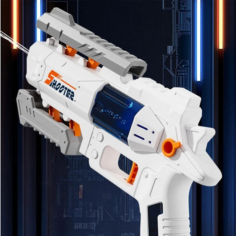 Pistol cu Apa S-Shooter, Jucarie de Exterior si Interior, Mecanism Manual, Plastic Rezistent si Spuma Moale, 23 x 14.5 cm, Alb-Albastru