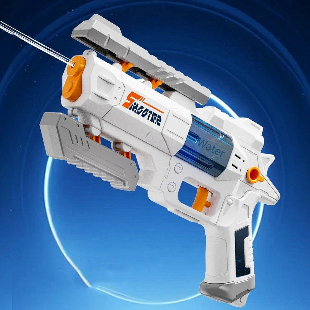 Pistol cu Apa S-Shooter, Jucarie de Exterior si Interior, Mecanism Manual, Plastic Rezistent si Spuma Moale, 23 x 14.5 cm, Alb-Albastru