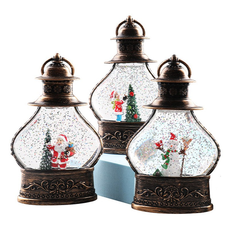 Felinar Decorativ de Craciun, Glob de Zapada cu Sclipici si Lumini LED, Model Spiridus, Plastic si Sticla, 14.5 x 9 x 3 cm, Rama Neagra, Transparent