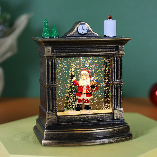 Decoratiune de Craciun tip Semineu, Glob de Cristal cu Ninsoare si Mos Craciun, Iluminare LED si Lumanare, Carcasa Vintage Bronze, 11.5 x 8.5 x 6.5 cm