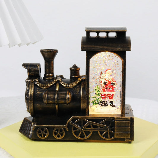 Decoratiune Craciun Locomotiva, Glob de Cristal cu Ninsoare si Mos Craciun, Iluminare LED, Stil Vintage, Material Plastic si Sticla, 11.5 x 12.5 x 6 cm, Bronz Antichizat