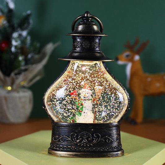 Felinar Decorativ de Craciun, Glob de Zapada cu Om de Zapada si Sclipici, Iluminare LED cu Lumina Calda, Stil Vintage, Material Plastic si Sticla, 14.5 x 9 x 3 cm, Negru-Transparent