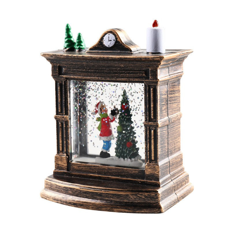 Decoratiune de Craciun Tip Semineu si Ceas, Glob de Zapada cu Sclipici si Iluminare LED, Model Elf cu Lumanare, Plastic si Cristal, 11.5 x 8.5 x 6.5 cm, Bronz Antichizat