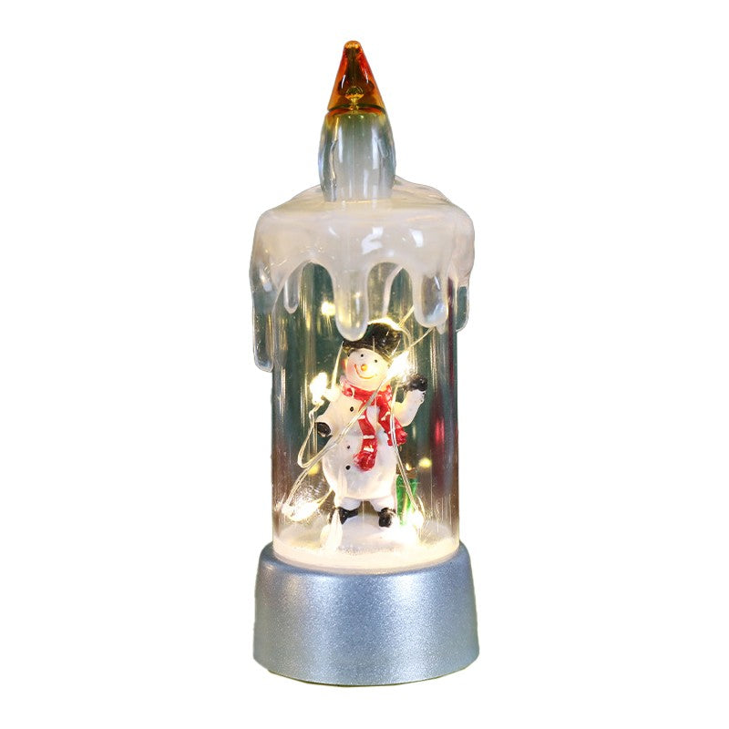 Decoratiune de Craciun Tip Lumanare cu Iluminare LED, Model Om de Zapada si Glob cu Sclipici, Plastic, 13 x 5 x 5 cm, Baza Gri, Transparent