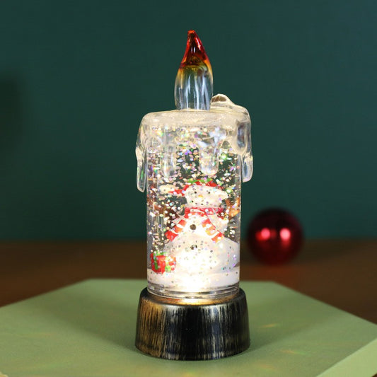 Decoratiune de Craciun Tip Lumanare, Glob de Zapada cu Om de Zapada si Sclipici, Iluminare LED, Material Plastic si Cristal, 13 x 5 x 5 cm, Baza Vintage Bronze, Transparent