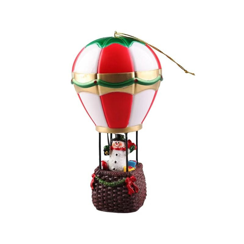 Decoratiune de Craciun Balon cu Aer Cald, Figurina Om de Zapada cu Iluminare LED si Inel de Suspendare, Rasina, 17 x 8.5 x 5 cm, Rosu/Gri