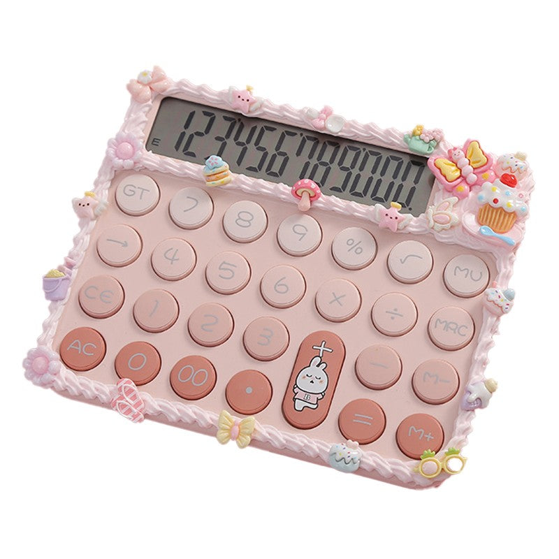 Calculator Electronic de Birou pentru Scoala, Design Kawaii cu Decoratiuni 3D, Tastatura Mecanica cu Taste Rotunde, Ecran LCD 12 Cifre, Plastic ABS, 15 x 12.5 cm, Roz