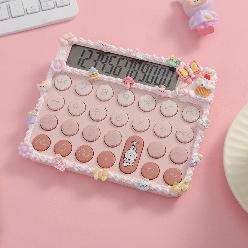 Calculator Electronic de Birou pentru Scoala, Design Kawaii cu Decoratiuni 3D, Tastatura Mecanica cu Taste Rotunde, Ecran LCD 12 Cifre, Plastic ABS, 15 x 12.5 cm, Roz