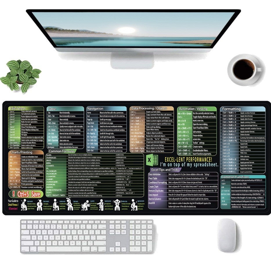 Mousepad XL pentru Birou, Covoras Tastatura cu Scurtaturi si Formule Excel, Suprafata Textila Antiderapanta, Rezistent la Uzura, 90 x 40 cm, Negru