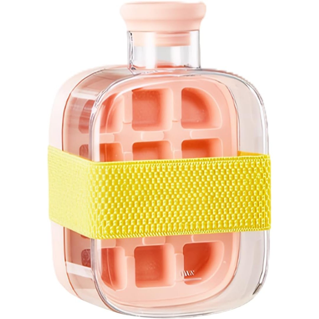 Forma de Gheata 2in1 si Sticla de Apa cu Pai, Recipient Portabil pentru 12 Cuburi, Silicon si Plastic, 500 ml, Roz