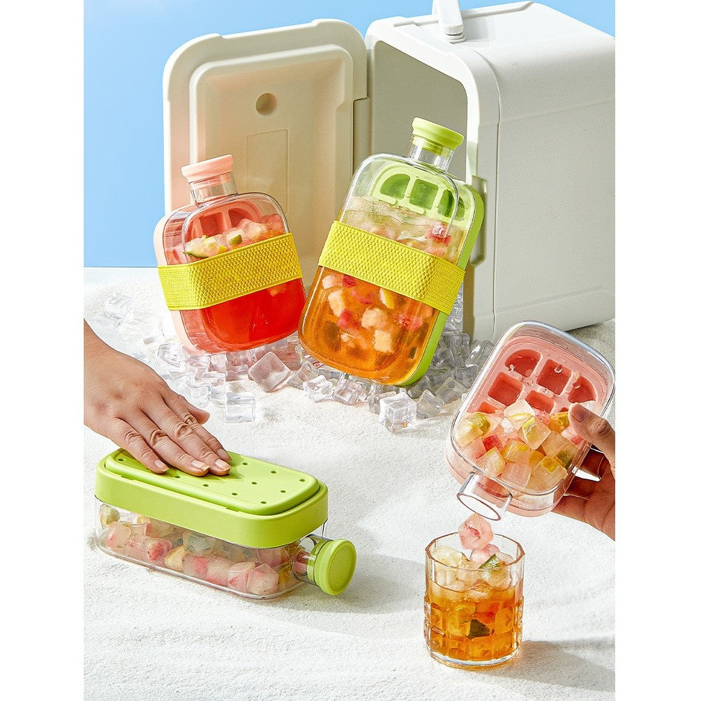 Formă De Gheață 2în1 Tip Sticlă Cu Pai, Recipient Portabil Pentru 12 Cuburi, Eliberare Prin Presare, Silicon Și ABS, 500 ml, Alb, 16.3 x 10.8 x 8 cm