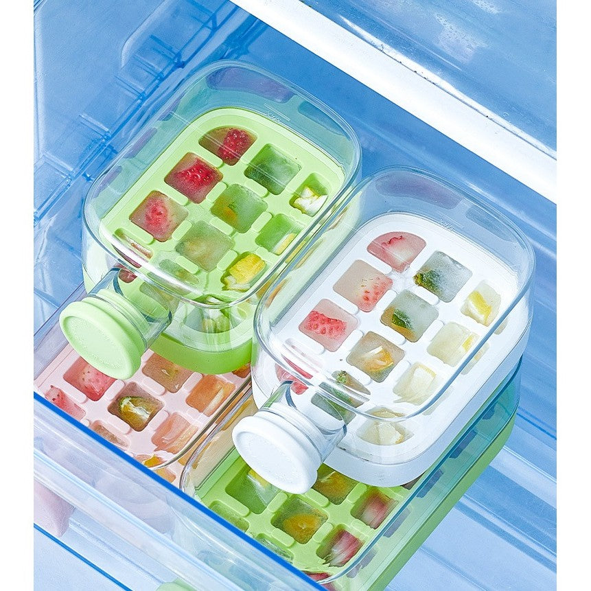 Formă De Gheață 2în1 Tip Sticlă Cu Pai, Recipient Portabil Pentru 12 Cuburi, Eliberare Prin Presare, Silicon Și ABS, 500 ml, Alb, 16.3 x 10.8 x 8 cm