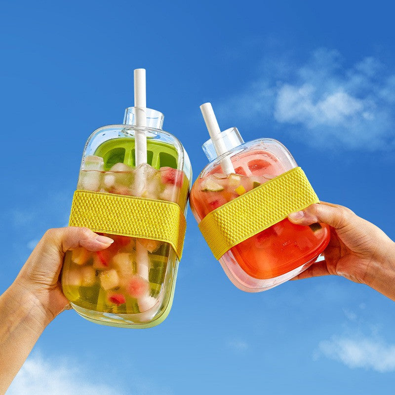 Formă De Gheață 2în1 Tip Sticlă Cu Pai, Recipient Portabil Pentru 12 Cuburi, Eliberare Prin Presare, Silicon Și ABS, 500 ml, Alb, 16.3 x 10.8 x 8 cm