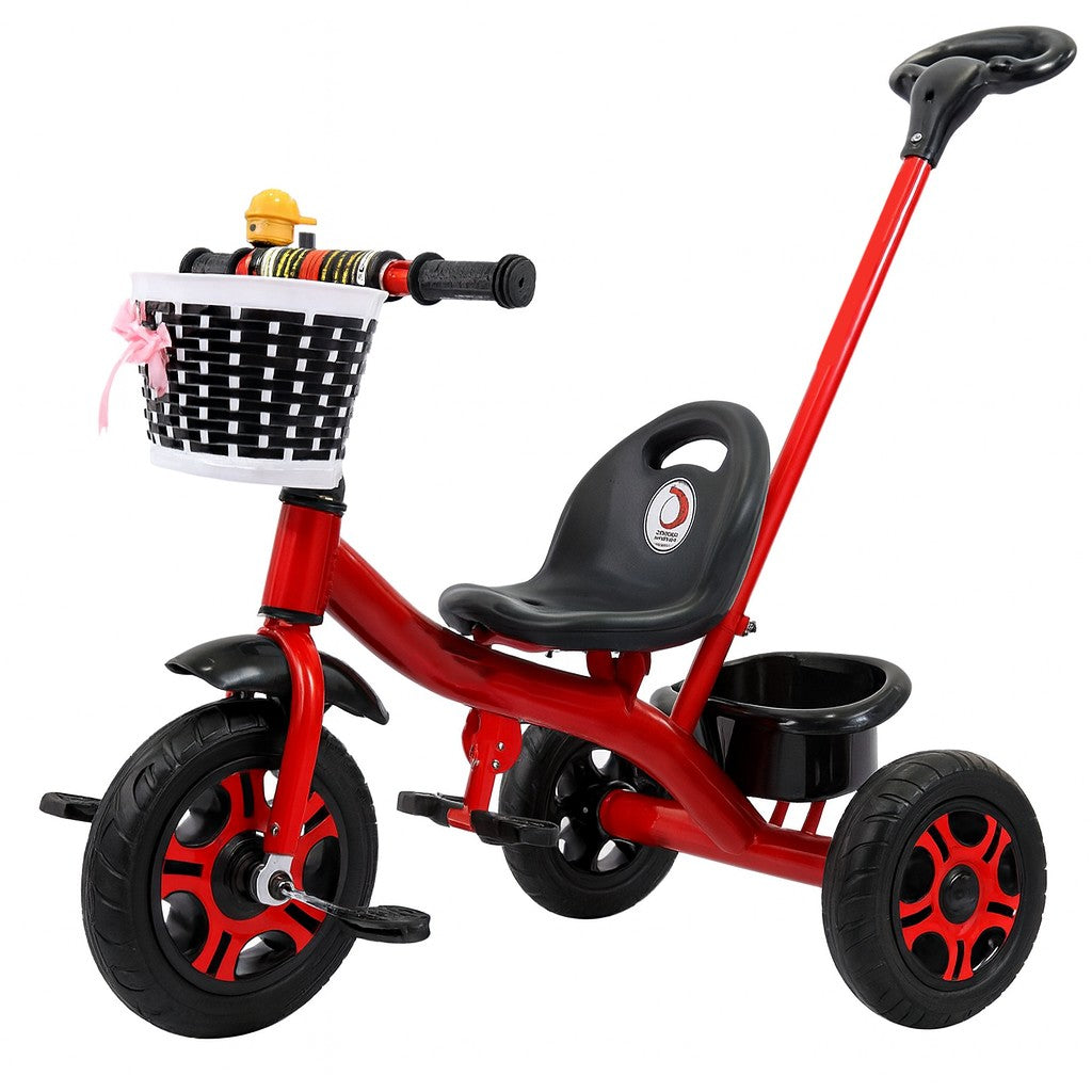 Tricicleta pentru Copii, Model Mickey, Maner pentru Impingere si Cos Depozitare, Cadru Metalic, Varsta 1-5 Ani, 80 x 60 x 53 cm, Rosu