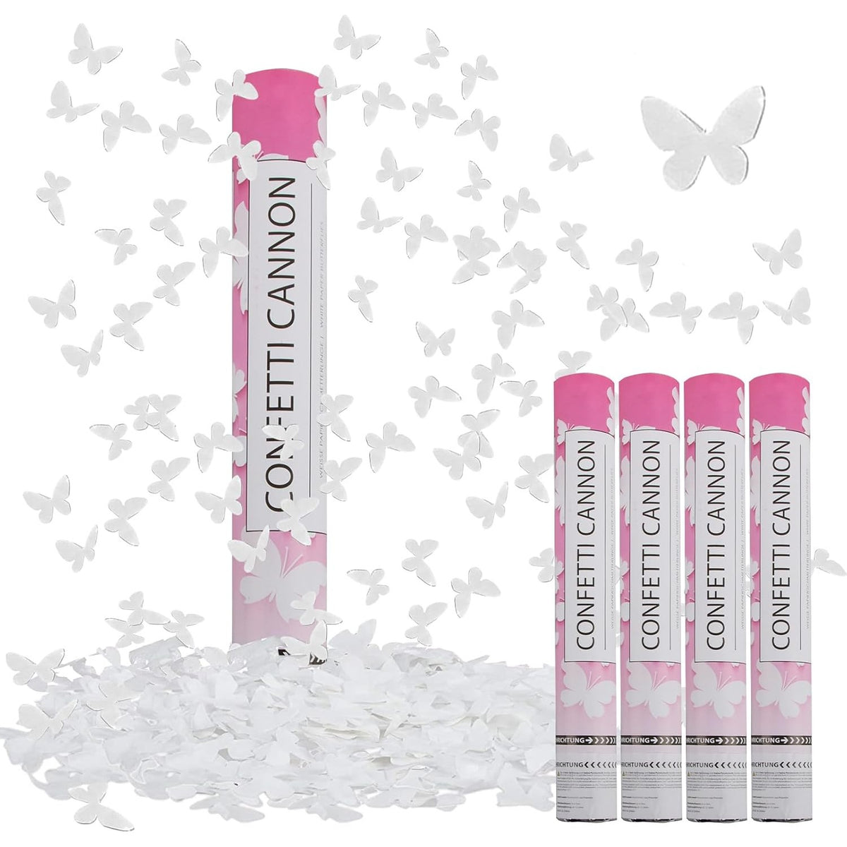 Tun de Confetti cu Model Fluturi, Actionare Manuala prin Rasucire, Ideal pentru Nunti si Botezuri, Hartie, Alb, 40 cm