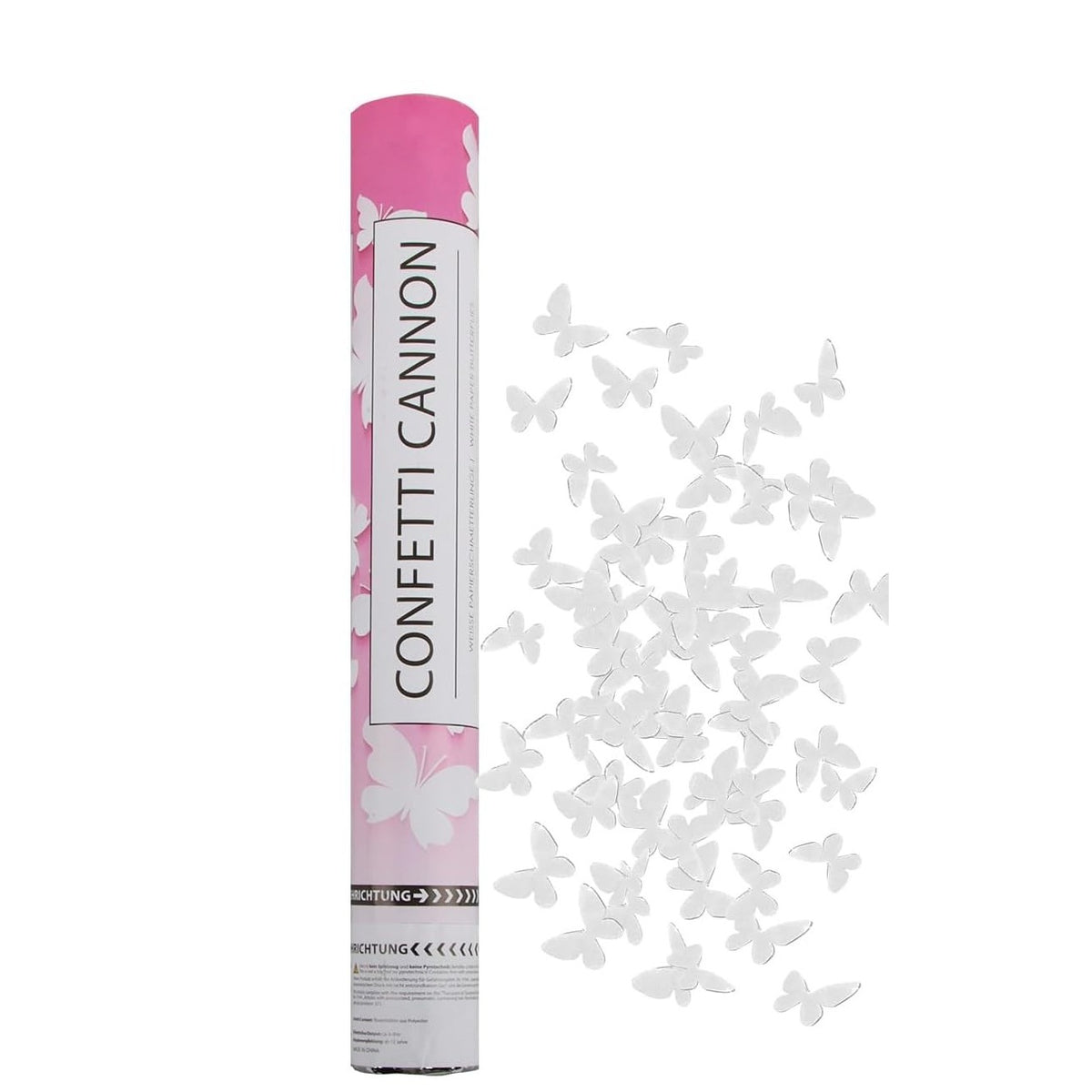 Tun de Confetti cu Model Fluturi, Actionare Manuala prin Rasucire, Ideal pentru Nunti si Botezuri, Hartie, Alb, 40 cm