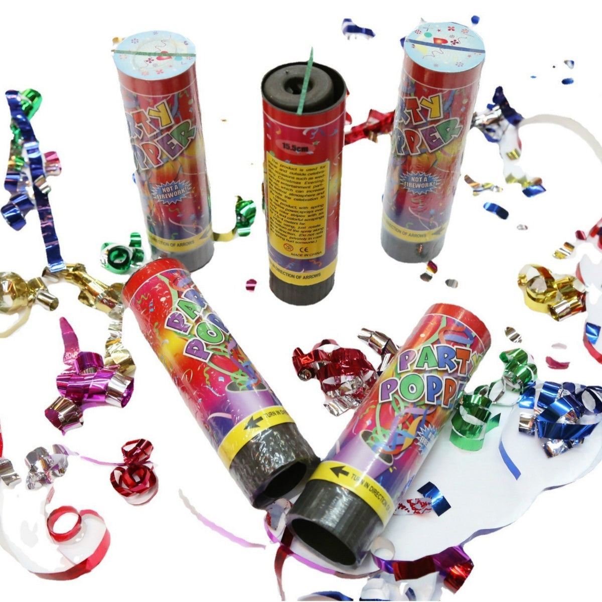 Tun de Confetti, Party Popper Pentru Aniversari, Panglici din Folie Metalizata, Activare prin Rasucire, Multicolor, 15 cm