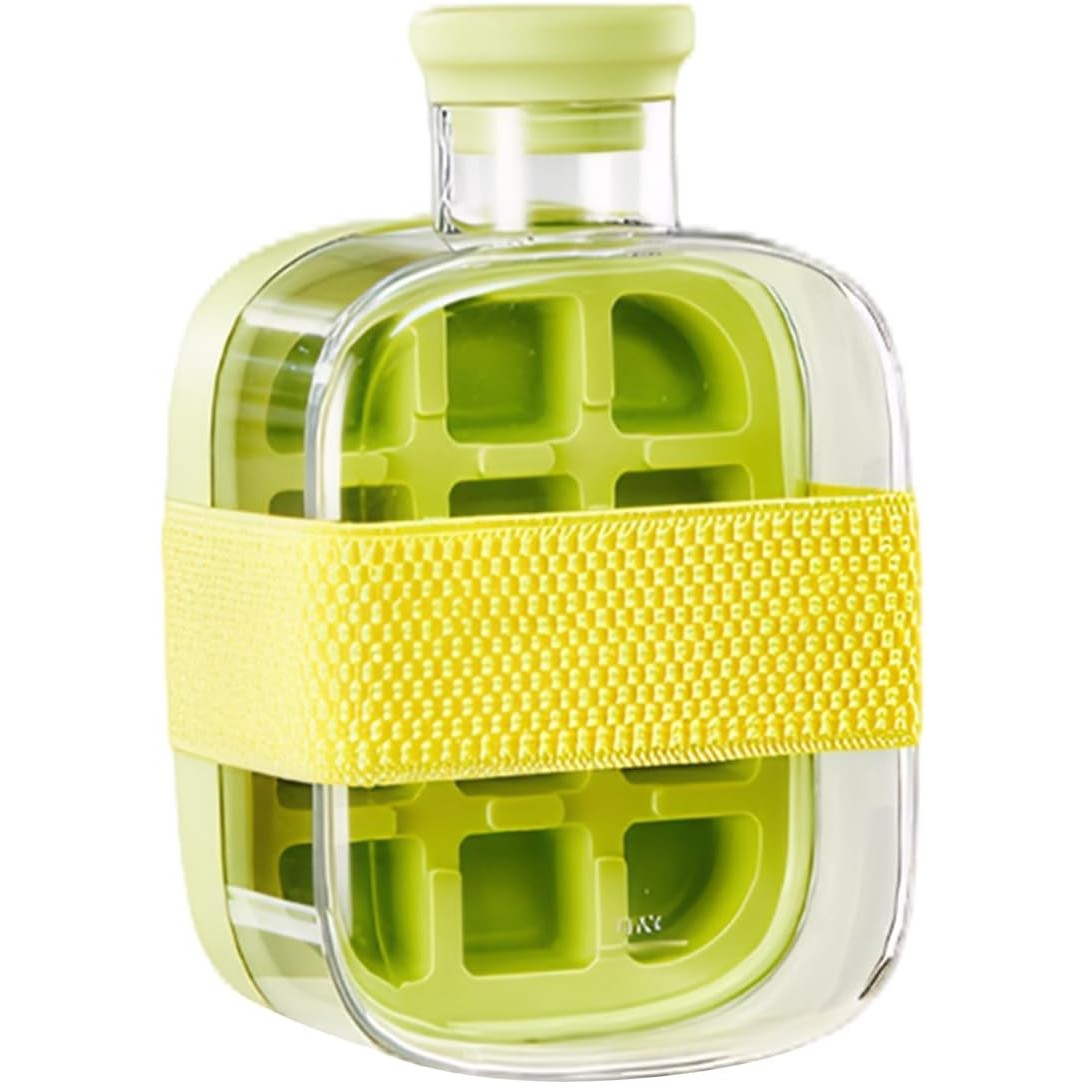 Formă de Gheață 2în1 și Sticlă de Apă cu Pai, Recipient Portabil pentru 12 Cuburi, Silicon și Plastic, 500 ml, 16.3 x 10.8 x 8 cm, Verde