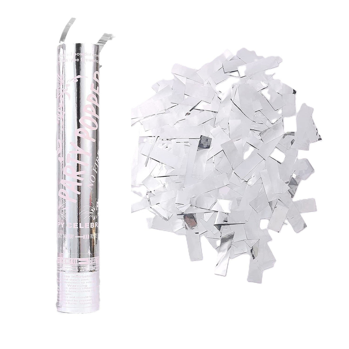 Tub de Confetti Party Popper, Actionare prin Rasucire, Confetti Lucioase Ignifuge Rezistente la Foc, Aluminiu, 30x5 cm, Argintiu