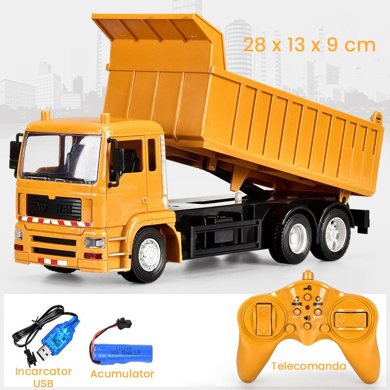 Camion Basculanta cu Telecomanda, Jucarie de Constructie cu Bena Functionala, Control RC, Acumulator Reincarcabil USB, Plastic, 28 x 13 x 9 cm, Galben