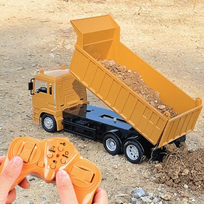 Camion Basculanta cu Telecomanda, Jucarie de Constructie cu Bena Functionala, Control RC, Acumulator Reincarcabil USB, Plastic, 28 x 13 x 9 cm, Galben