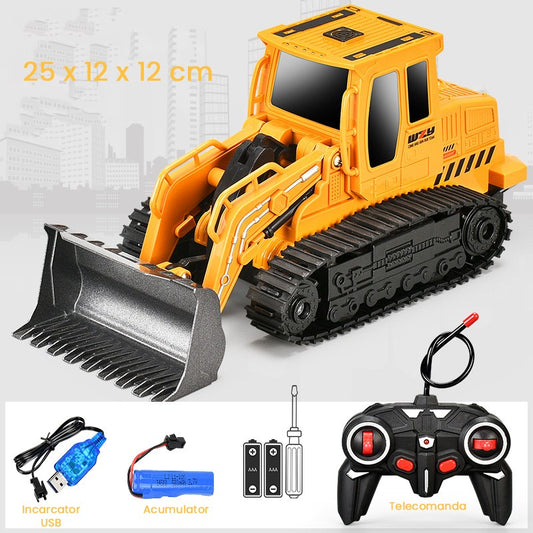 Buldozer cu Senile si Telecomanda, Jucarie de Constructie cu Lama Functionala, Vehicul RC cu Acumulator USB, Plastic, 25 x 12 x 12 cm, Galben
