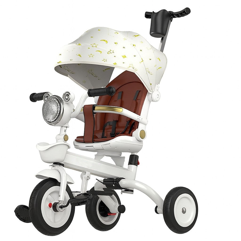 Tricicleta Multifunctionala pentru Copii, Scaun Rotativ cu Functie Culcat, Maner de Impingere, Copertina Pliabila, Lumini si Muzica, Accesorii Suport Pahar si Cos, 80 x 60 x 53 cm, Alb Ivory