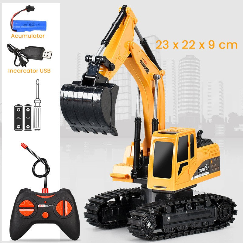 Excavator Jucarie cu Telecomanda 2.4G, Utilaj de Constructie cu Brat si Cupa Mobile, Incarcare USB, Plastic Rezistent, 23 x 22 x 9 cm, Portocaliu