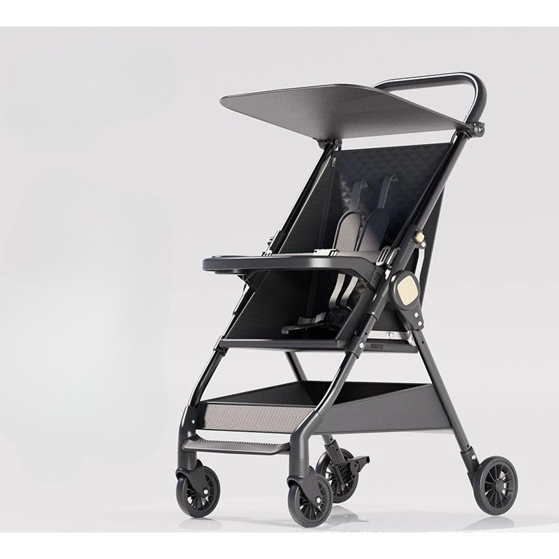 Cărucior Pliabil Tip Sport, Ultra Ușor și Compact pentru Avion, Cadru Oțel cu Tavă Masă și Coș Depozitare, 93 x 70 x 40 cm, Negru