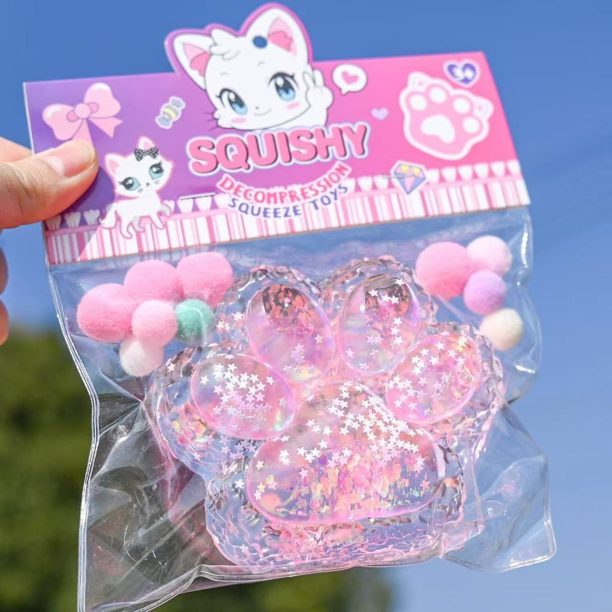 Squeeze Pinch Family Jucarie Antistres Squishy, Labuta de Pisica Pufoasa, Revenire Lenta, Silicon Moale, 12.5x10.5 cm, 220g, Roz Transparent