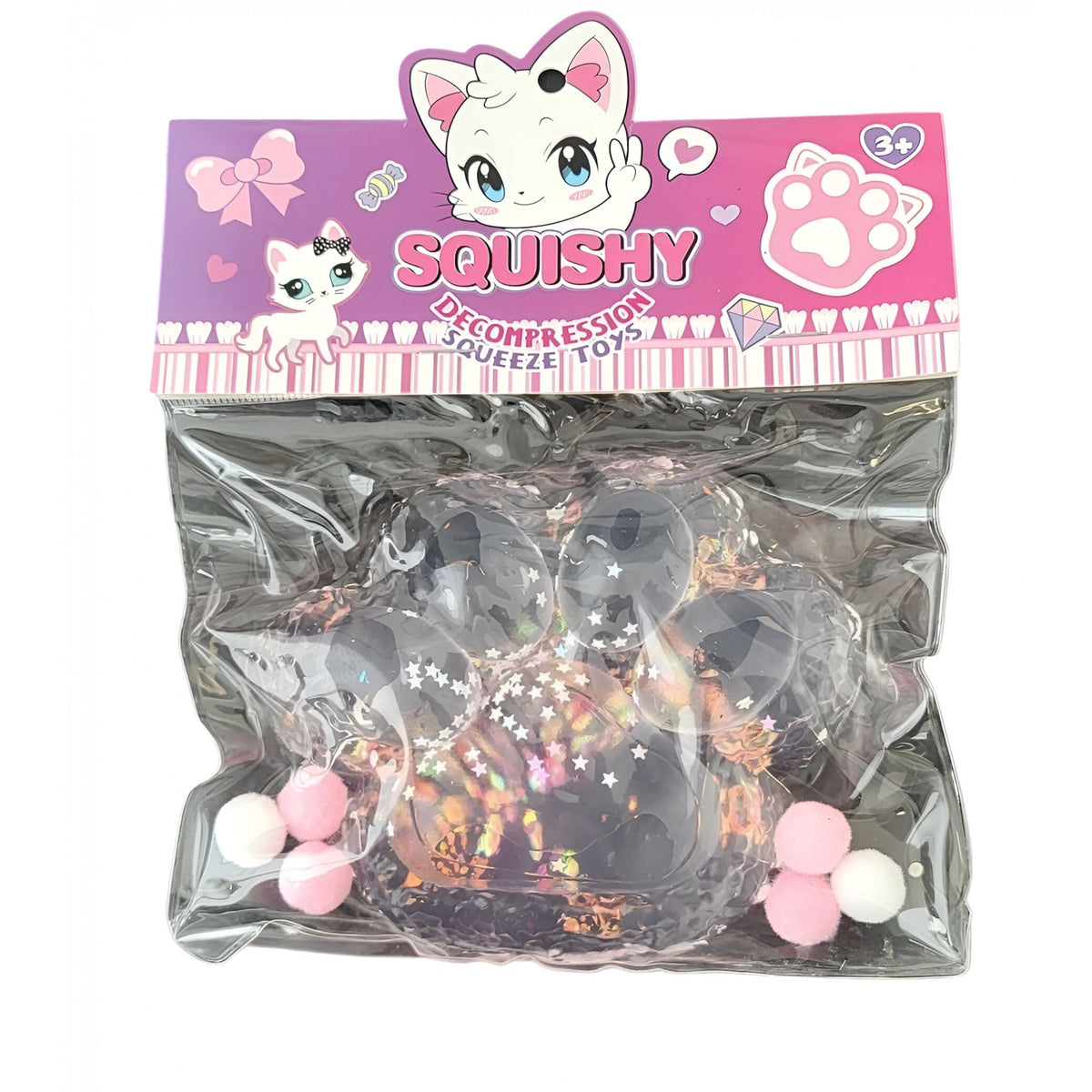 Squeeze Pinch Family Jucarie Antistres Squishy, Labuta de Pisica Pufoasa, Revenire Lenta, Silicon Moale, 12.5x10.5 cm, 220g, Roz Transparent