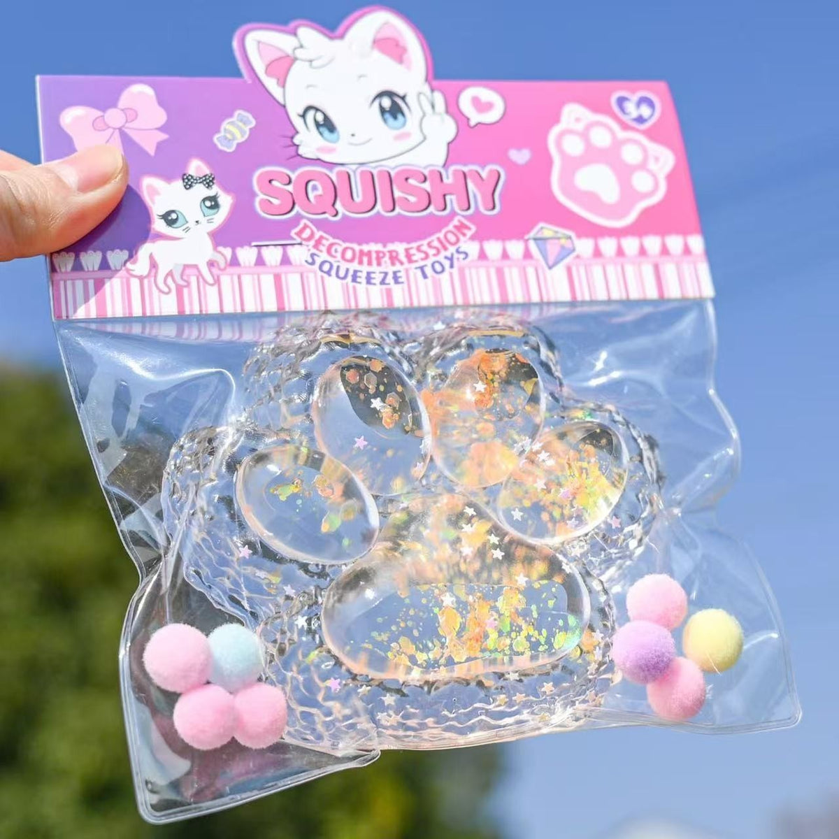 Jucarie Antistres Squishy Squeeze Pinch Family, Model Labuta de Pisica Pufoasa, Revenire Lenta pentru Relaxare, Material Silicon Moale, 12.5x10.5 cm, 220g, Galben Transparent