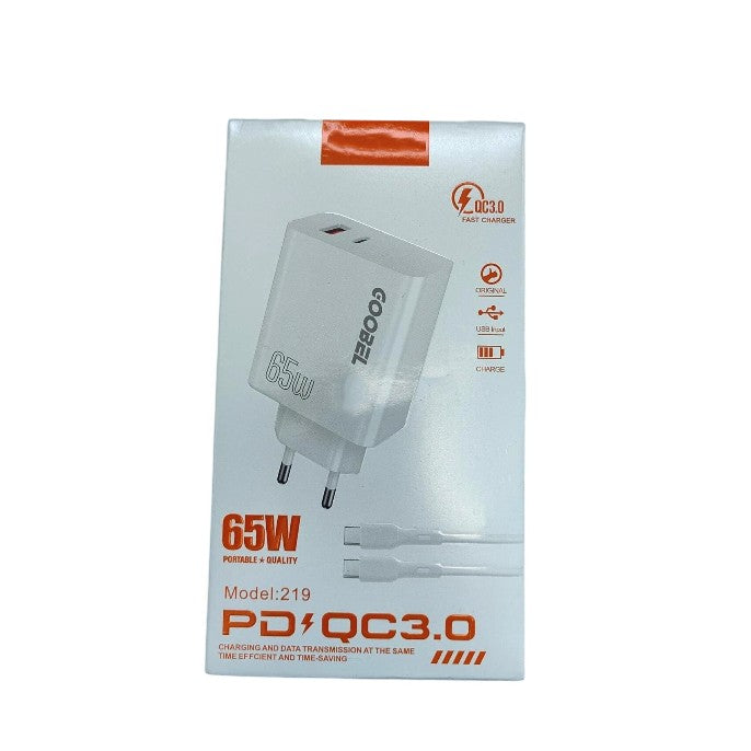 Incarcator Retea Super Fast Charge, Adaptor Universal 65W, Port USB-C si USB 3.0, Cablu USB-C Inclus, Alb