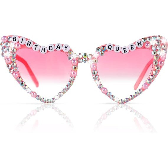 Ochelari Decorativi Birthday Queen, Accesorii Petrecere Burlacite si Aniversari, Rama cu Perle si Diamante, Policarbonat, 15.3 x 5.7 x 14.5 cm, Roz