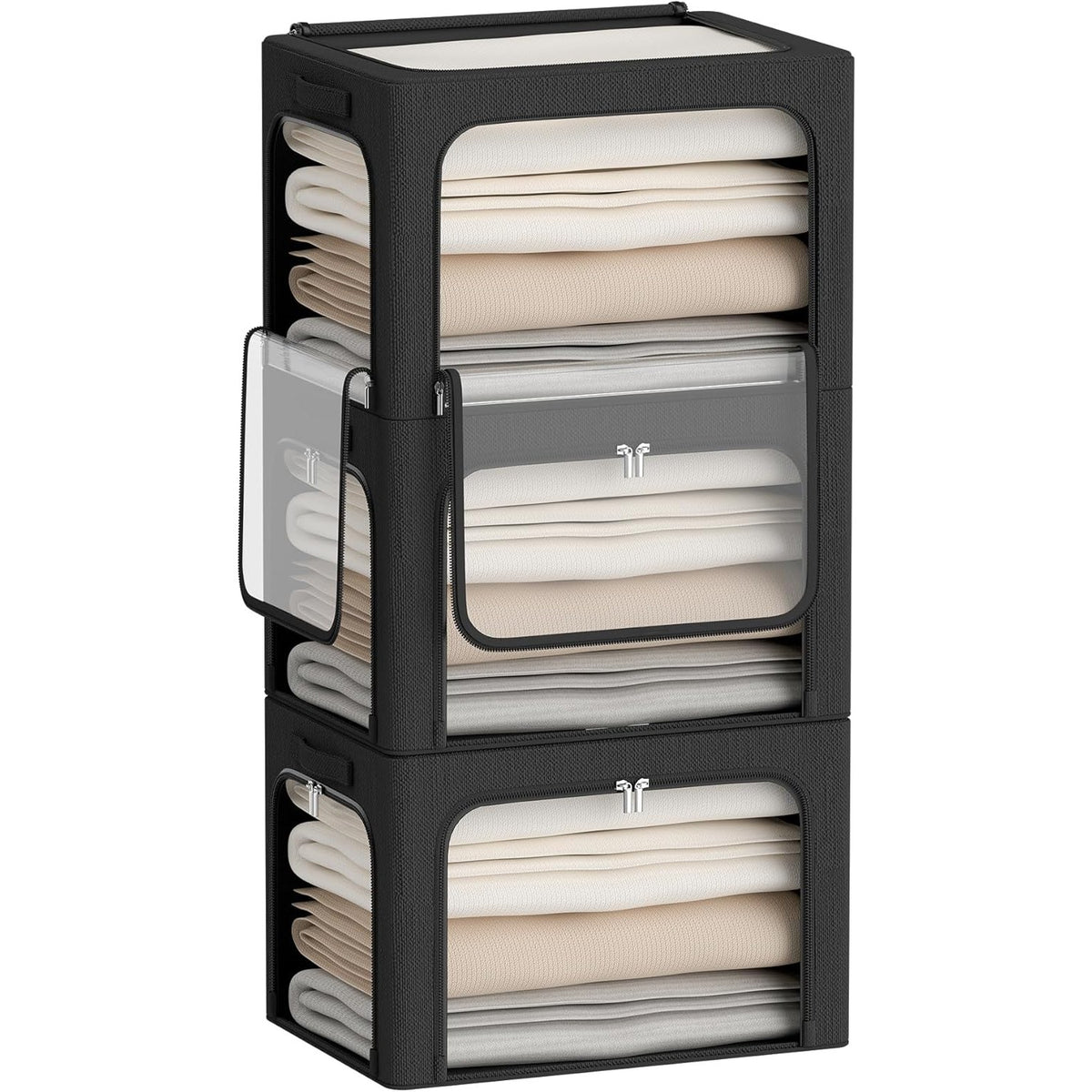 Cutie de Depozitare Haine si Textile, Cadru din Otel Stivuibil, 3 Ferestre cu Fermoar Bidirectional, Material Oxford Impermeabil, 38L, 42 x 30 x 30 cm, Negru