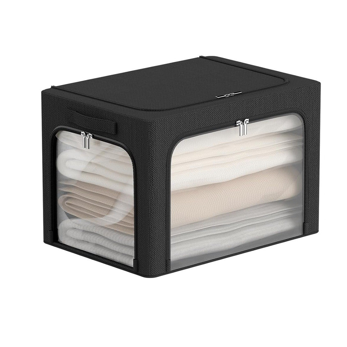 Cutie de Depozitare Haine si Textile, Cadru din Otel Stivuibil, 3 Ferestre cu Fermoar Bidirectional, Material Oxford Impermeabil, 38L, 42 x 30 x 30 cm, Negru