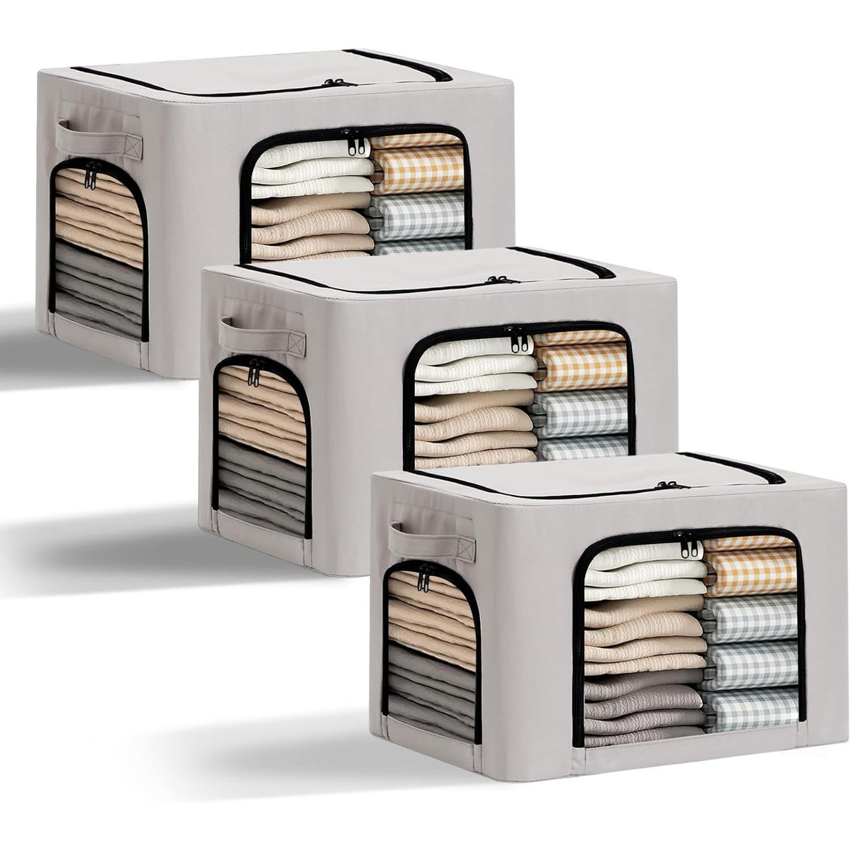 Cutie de Depozitare Haine si Textile cu Cadru din Otel Stivuibila, 3 Ferestre de Vizualizare si Fermoar Bidirectional, Material Oxford Impermeabil, 38L, 42 x 30 x 30 cm, Gri