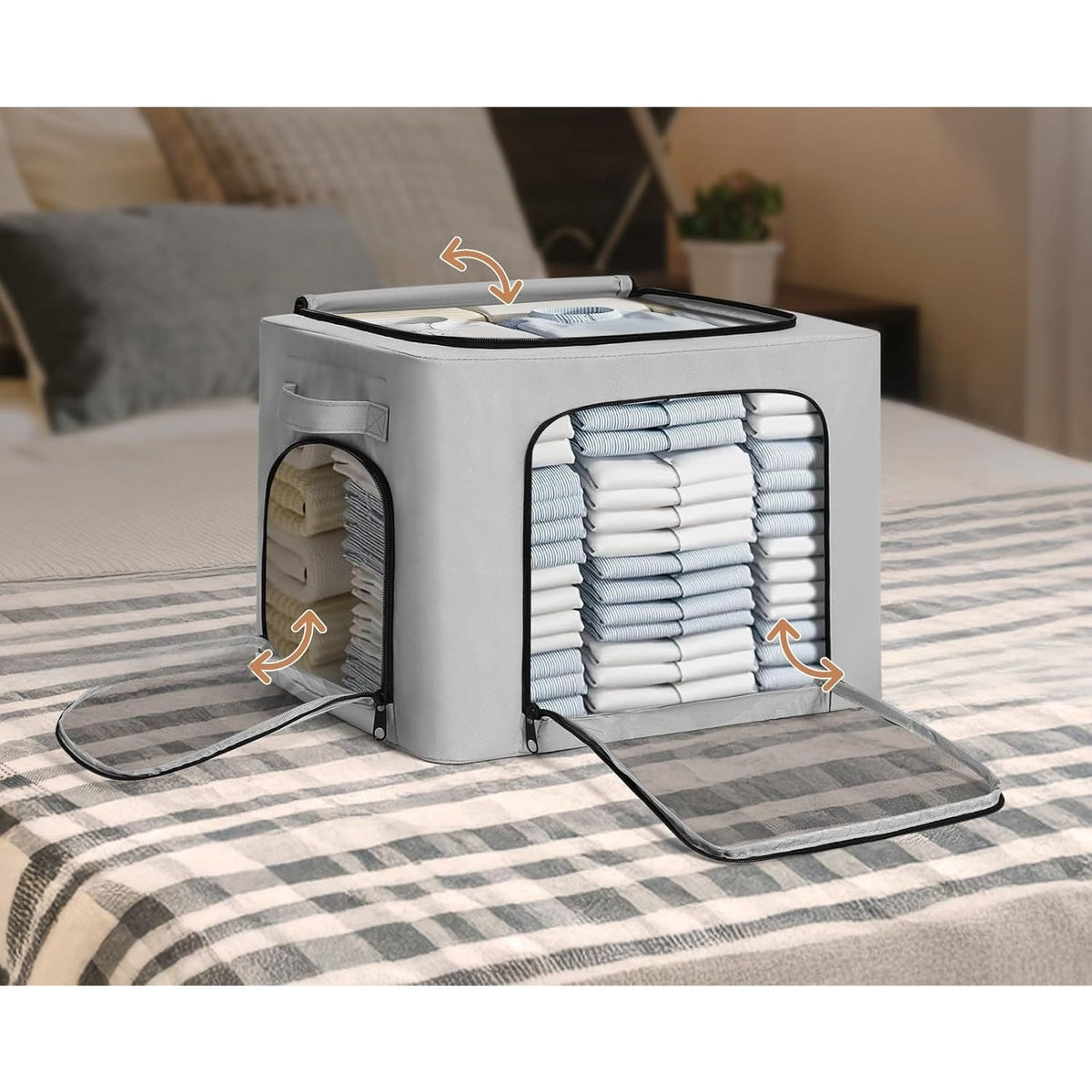 Cutie de Depozitare Haine si Textile cu Cadru din Otel Stivuibila, 3 Ferestre de Vizualizare si Fermoar Bidirectional, Material Oxford Impermeabil, 38L, 42 x 30 x 30 cm, Gri