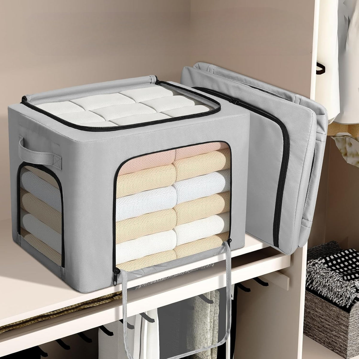 Cutie de Depozitare Haine si Textile cu Cadru din Otel Stivuibila, 3 Ferestre de Vizualizare si Fermoar Bidirectional, Material Oxford Impermeabil, 38L, 42 x 30 x 30 cm, Gri